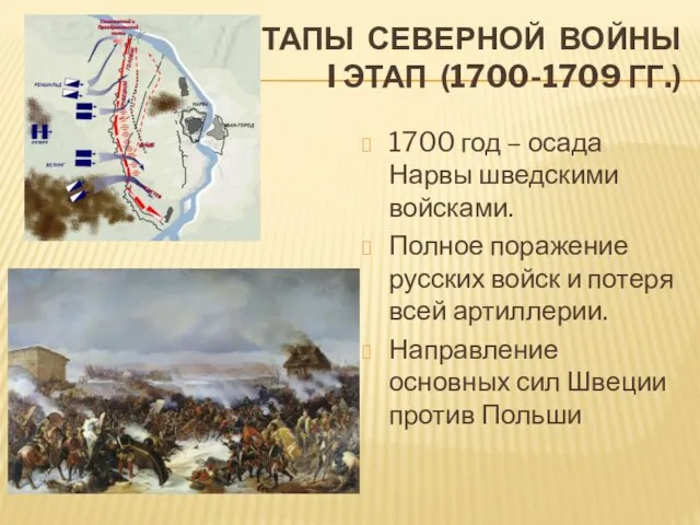 ЭТАПЫ СЕВЕРНОЙ ВОЙНЫ I ЭТАП (1700-1709 ГГ.) 1700 год – осада