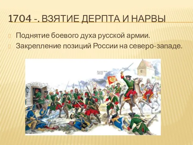 1704 -. ВЗЯТИЕ ДЕРПТА И НАРВЫ Поднятие боевого духа русской армии. Закрепление позиций России на северо-западе.