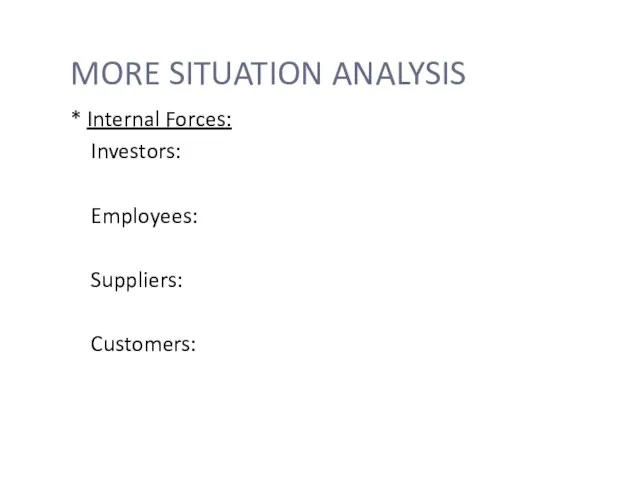 MORE SITUATION ANALYSIS * Internal Forces: Investors: Employees: Suppliers: Customers: