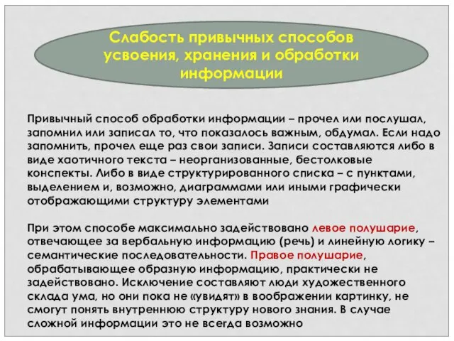 Слабость привычных способов усвоения, хранения и обработки информации Привычный способ обработки