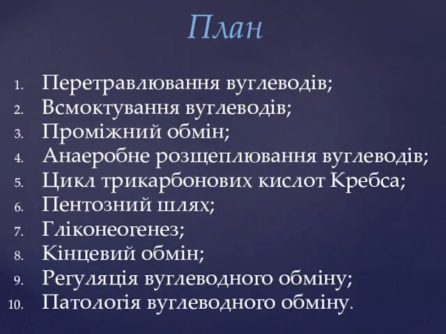 План Перетравлювання вуглеводів; Всмоктування вуглеводів; Проміжний обмін; Анаеробне розщеплювання вуглеводів; Цикл