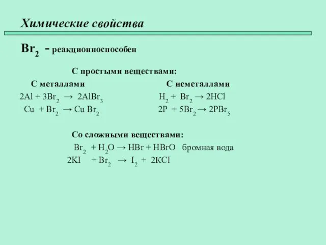 Химические свойства Br2 - реакционноспособен С простыми веществами: С металлами С