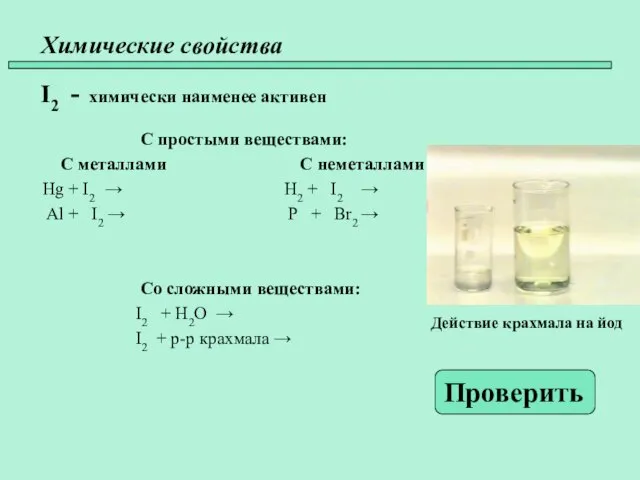 Химические свойства I2 - химически наименее активен С простыми веществами: С