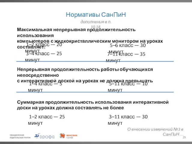 Нормативы СанПиН дополнения в п. 10.18. Максимальная непрерывная продолжительность использования компьютеров