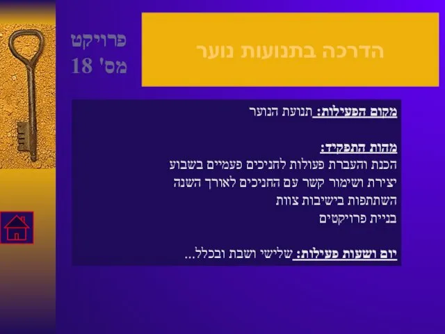 הדרכה בתנועות נוער מקום הפעילות: תנועת הנוער מהות התפקיד: הכנת והעברת