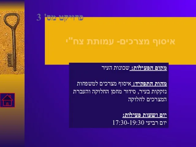 איסוף מצרכים- עמותת צח"י מקום הפעילות: שכונות העיר מהות התפקיד: איסוף