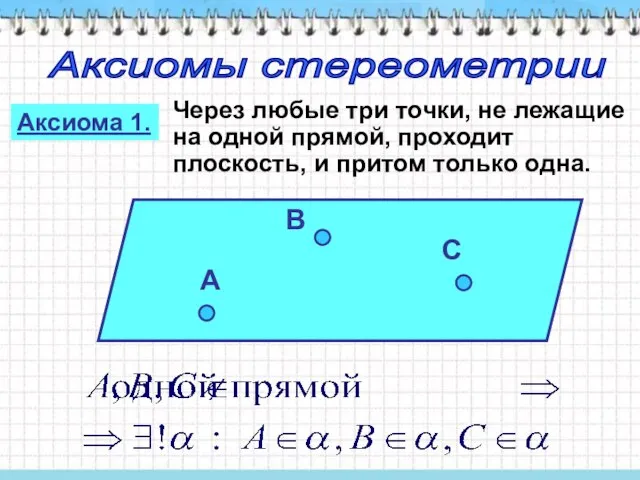 Аксиомы стереометрии Аксиома 1. Через любые три точки, не лежащие на