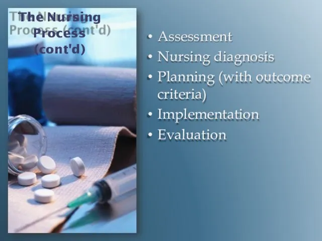 The Nursing Process (cont'd) Assessment Nursing diagnosis Planning (with outcome criteria) Implementation Evaluation