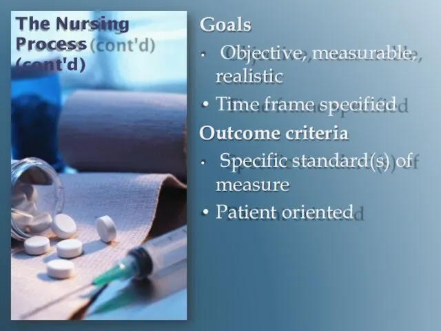 The Nursing Process (cont'd) Goals Objective, measurable, realistic Time frame specified