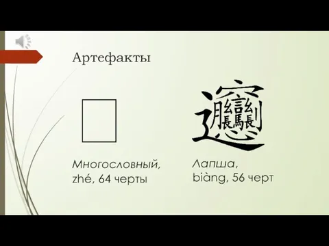 Артефакты ? Многословный, zhé, 64 черты Лапша, biàng, 56 черт