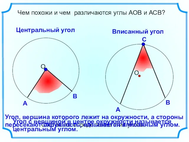 Чем похожи и чем различаются углы АОВ и АСВ? Центральный угол