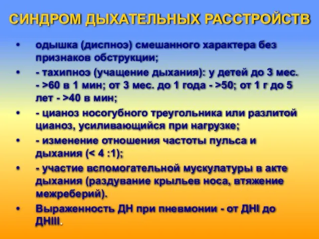 СИНДРОМ ДЫХАТЕЛЬНЫХ РАССТРОЙСТВ одышка (диспноэ) смешанного характера без признаков обструкции; -