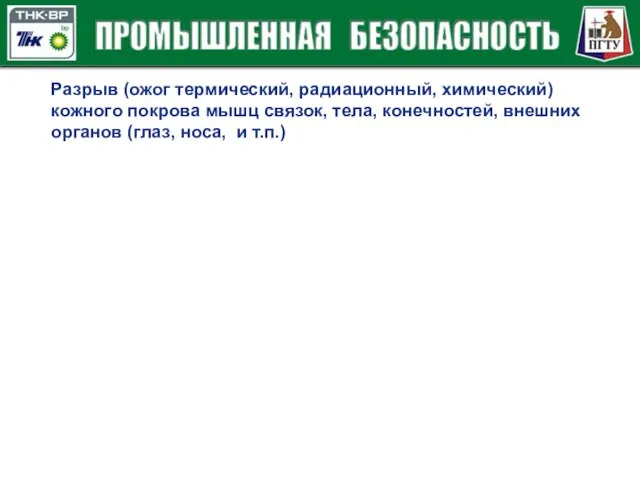 Разрыв (ожог термический, радиационный, химический) кожного покрова мышц связок, тела, конечностей,