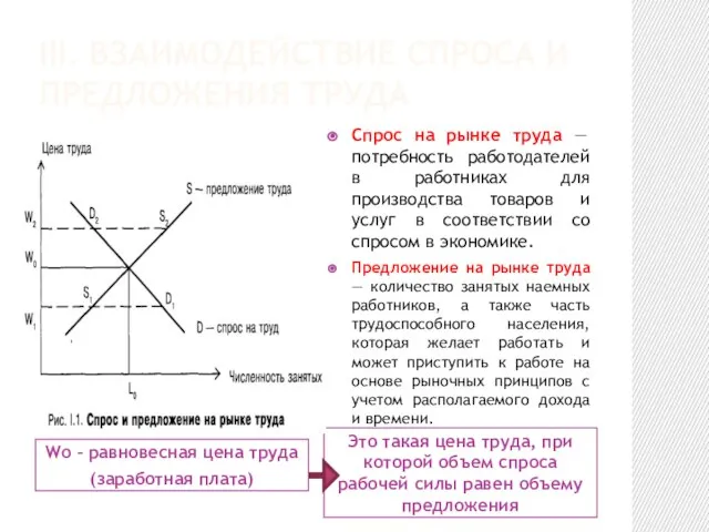 III. ВЗАИМОДЕЙСТВИЕ СПРОСА И ПРЕДЛОЖЕНИЯ ТРУДА Wо – равновесная цена труда