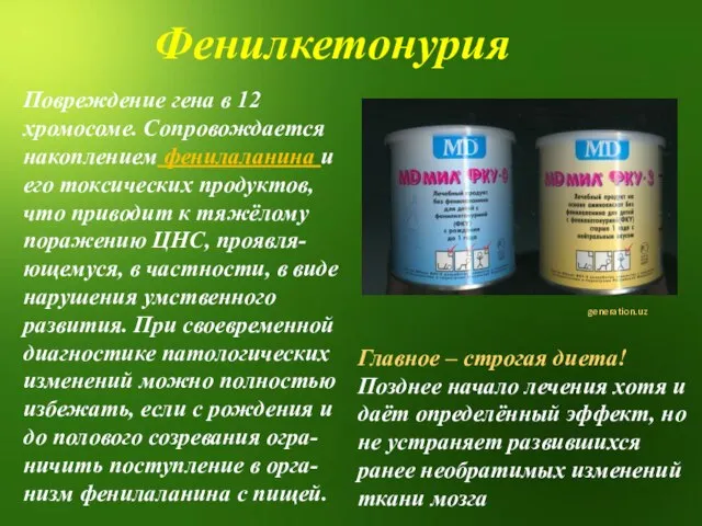 Повреждение гена в 12 хромосоме. Сопровождается накоплением фенилаланина и его токсических