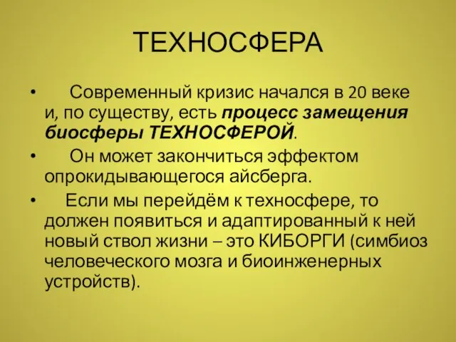 ТЕХНОСФЕРА Современный кризис начался в 20 веке и, по существу, есть