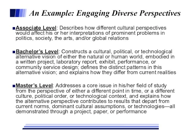 An Example: Engaging Diverse Perspectives Associate Level: Describes how different cultural