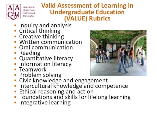 Valid Assessment of Learning in Undergraduate Education (VALUE) Rubrics Inquiry and