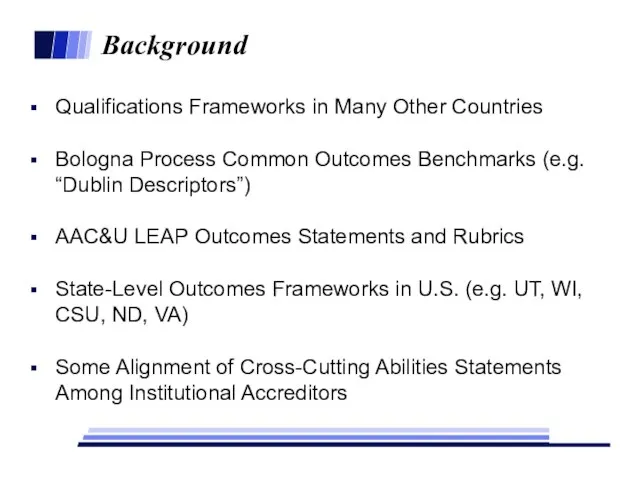 Background Qualifications Frameworks in Many Other Countries Bologna Process Common Outcomes