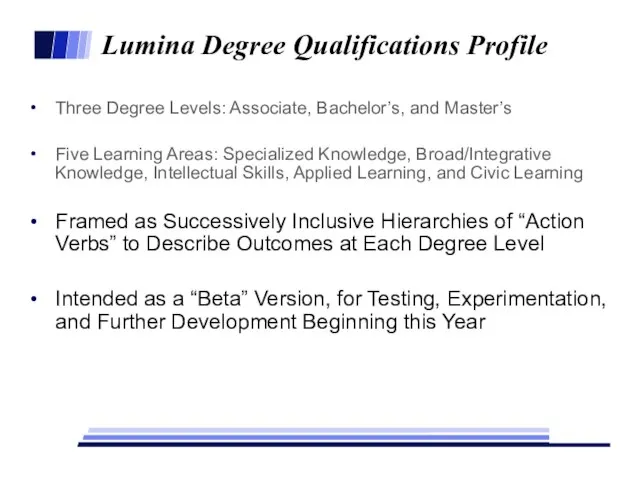 Lumina Degree Qualifications Profile Three Degree Levels: Associate, Bachelor’s, and Master’s