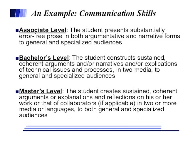 An Example: Communication Skills Associate Level: The student presents substantially error-free