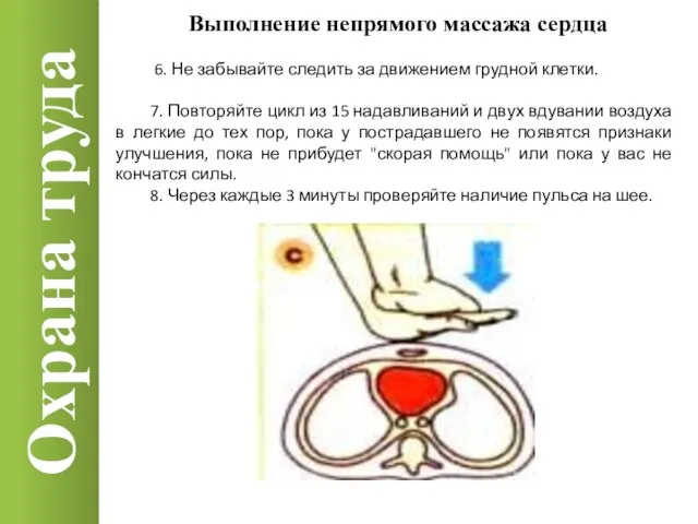 Охрана труда Выполнение непрямого массажа сердца 6. Не забывайте следить за