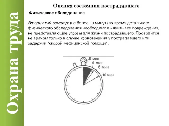 Охрана труда Оценка состояния пострадавшего Физическое обследование Вторичный осмотр: (не более