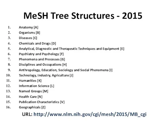 MeSH Tree Structures - 2015 Anatomy [A] Organisms [B] Diseases [C]