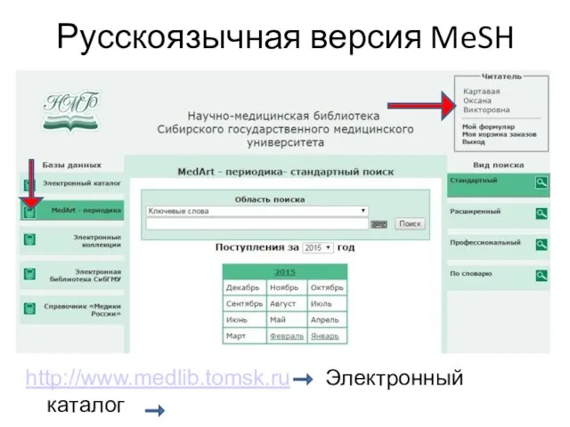 Русскоязычная версия MeSH http://www.medlib.tomsk.ru Электронный каталог БД «MedArt - периодика»