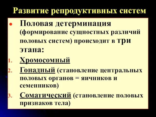 Развитие репродуктивных систем Половая детерминация (формирование сущностных различий половых систем) происходит