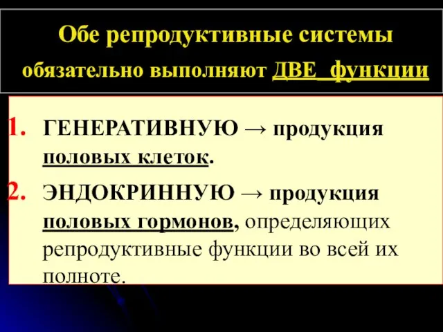 Обе репродуктивные системы обязательно выполняют ДВЕ функции ГЕНЕРАТИВНУЮ → продукция половых