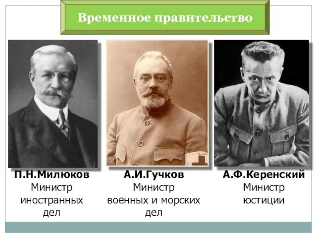 П.Н.Милюков Министр иностранных дел Временное правительство А.И.Гучков Министр военных и морских дел А.Ф.Керенский Министр юстиции