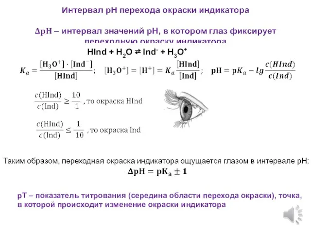 HInd + H2O ⇄ Ind- + H3O+ рТ – показатель титрования