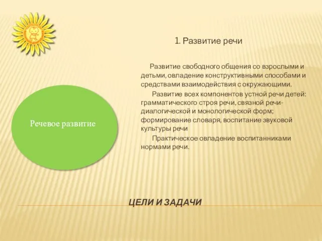 ЦЕЛИ И ЗАДАЧИ 1. Развитие речи Развитие свободного общения со взрослыми