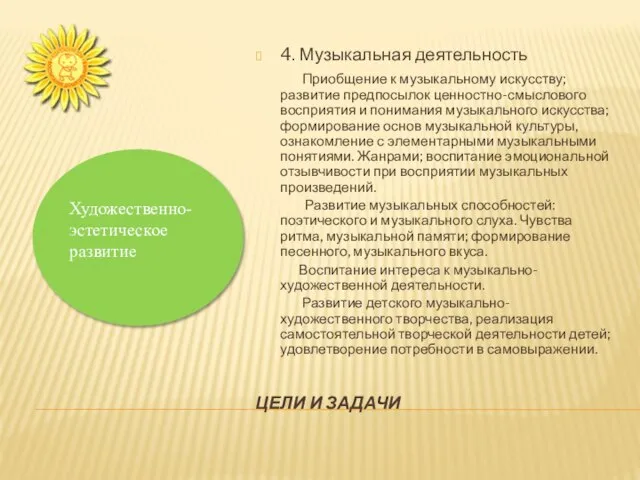 ЦЕЛИ И ЗАДАЧИ 4. Музыкальная деятельность Приобщение к музыкальному искусству; развитие