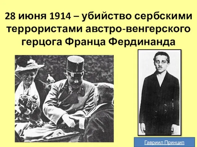 28 июня 1914 – убийство сербскими террористами австро-венгерского герцога Франца Фердинанда Гавриил Принцип