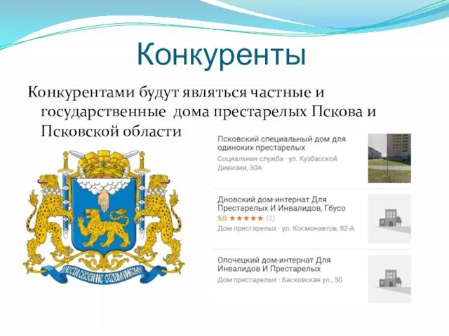 Конкуренты Конкурентами будут являться частные и государственные дома престарелых Пскова и Псковской области