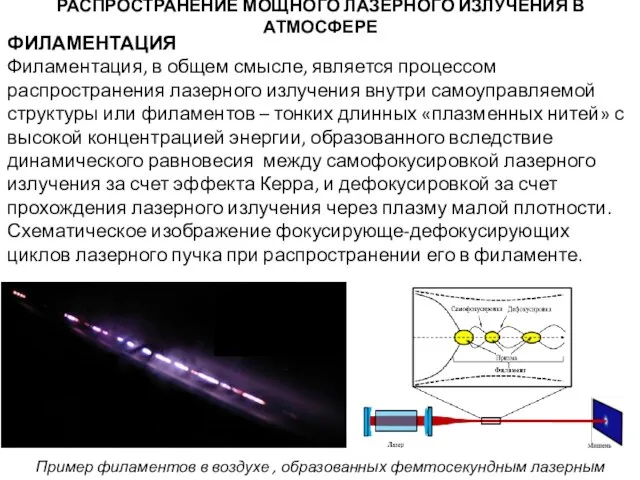 РАСПРОСТРАНЕНИЕ МОЩНОГО ЛАЗЕРНОГО ИЗЛУЧЕНИЯ В АТМОСФЕРЕ ФИЛАМЕНТАЦИЯ Филаментация, в общем смысле,