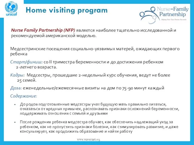 Home visiting program Nurse Family Partnership (NFP) является наиболее тщательно исследованной