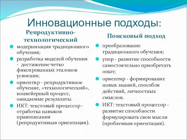 Инновационные подходы: Репродуктивно-технологический Поисковый подход модернизация традиционного обучения; разработка моделей обучения