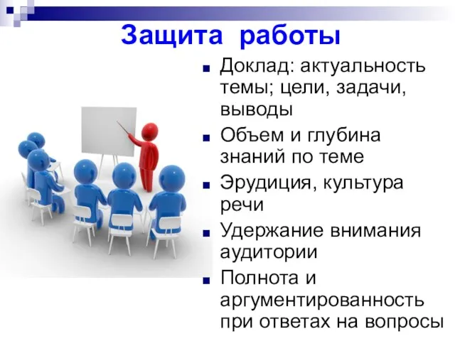 Защита работы Доклад: актуальность темы; цели, задачи, выводы Объем и глубина