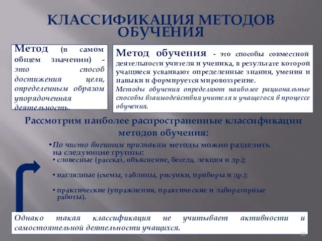 КЛАССИФИКАЦИЯ МЕТОДОВ ОБУЧЕНИЯ Метод (в самом общем значении) - это способ