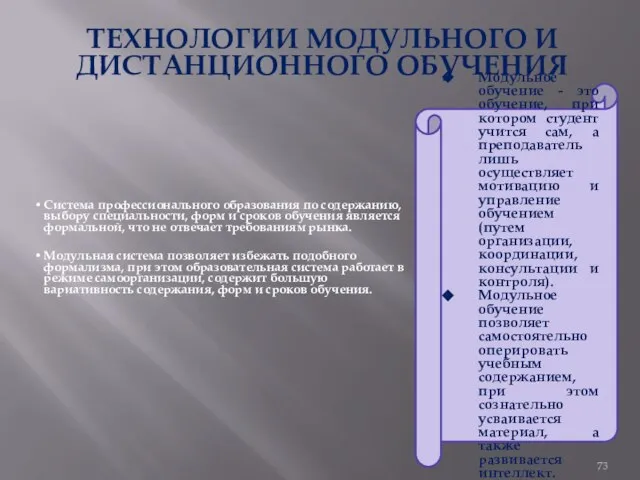 ТЕХНОЛОГИИ МОДУЛЬНОГО И ДИСТАНЦИОННОГО ОБУЧЕНИЯ Система профессионального образования по содержанию, выбору