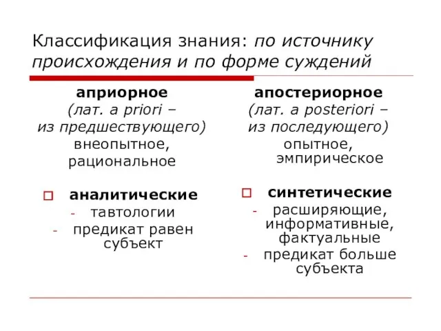 Классификация знания: по источнику происхождения и по форме суждений априорное (лат.