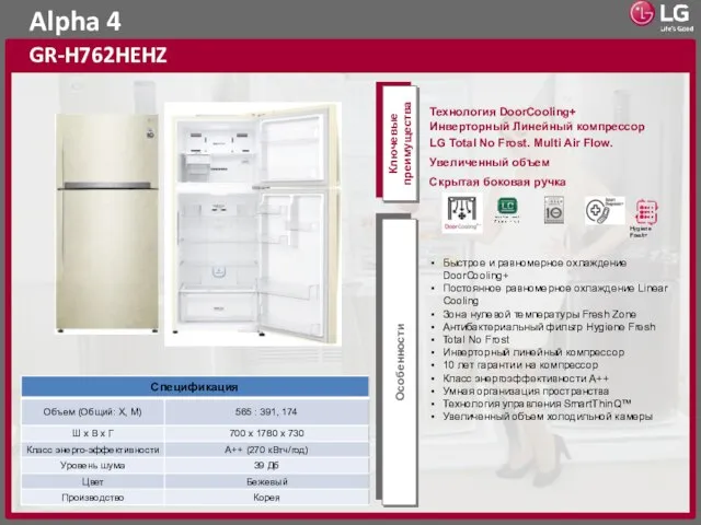 Alpha 4 GR-H762HEHZ Ключевые преимущества Особенности Hygiene Fresh+