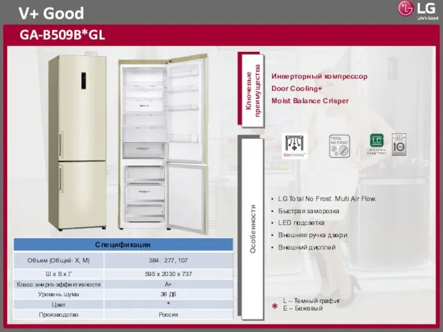 GA-B509B*GL Ключевые преимущества Особенности * V+ Good L – Темный графит E – Бежевый
