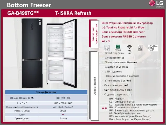 Bottom Freezer GA-B499TG** T-ISKRA Refresh Ключевые преимущества Особенности