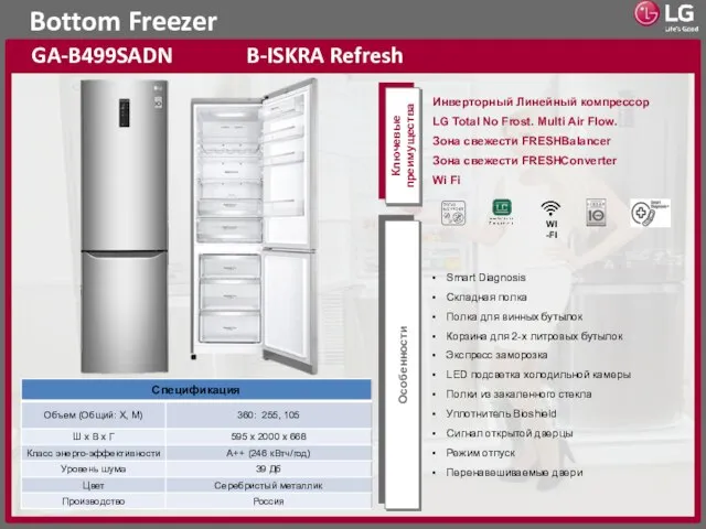 Bottom Freezer Ключевые преимущества Особенности GA-B499SADN B-ISKRA Refresh