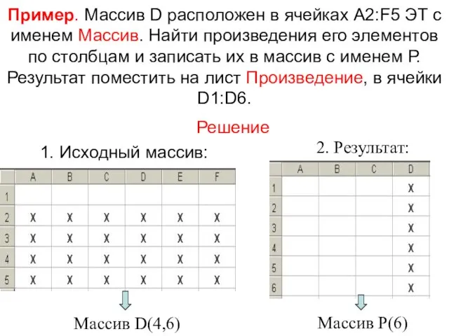 Пример. Массив D расположен в ячейках A2:F5 ЭТ с именем Массив.