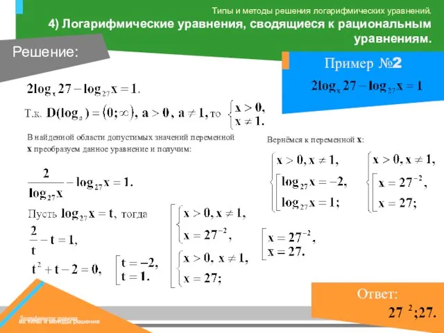 В найденной области допустимых значений переменной х преобразуем данное уравнение и получим: Вернёмся к переменной х: